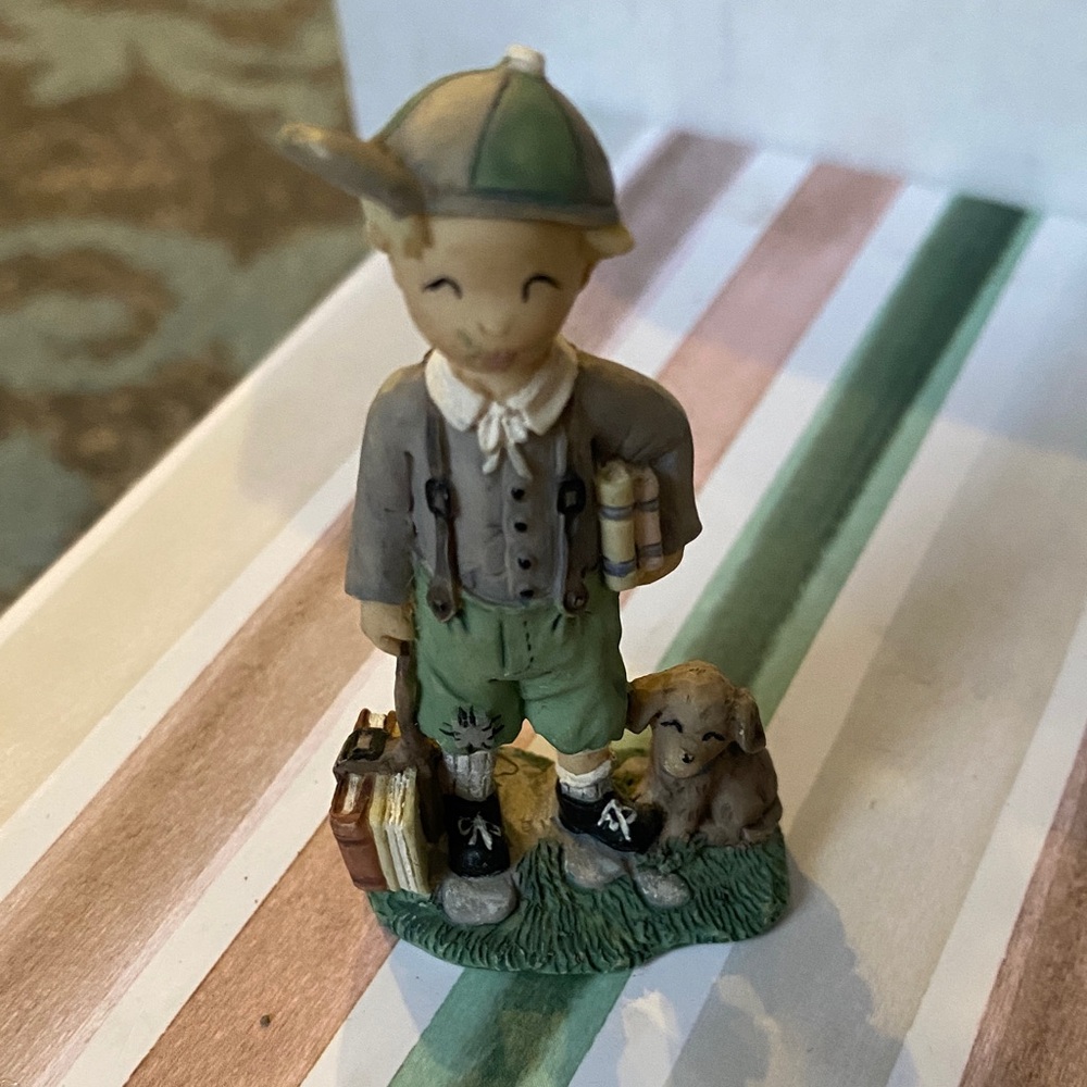 Whimsical Green and Brown Boy with Dog Figurine
